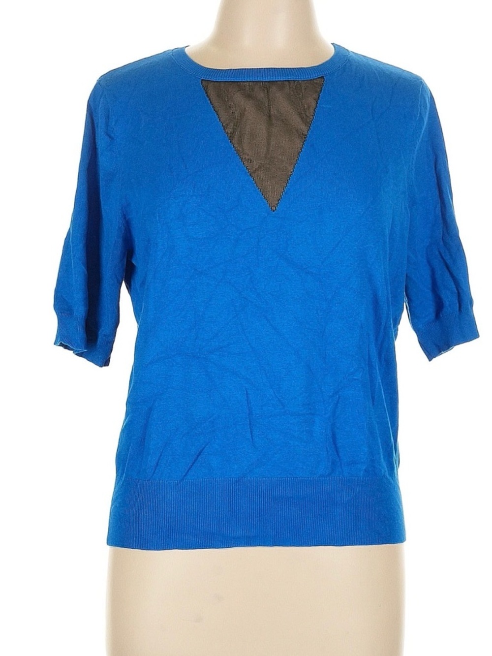 DKNY Electric Blue Short Sleeve Sweater with Black Mesh Inset